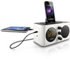 Picture shows a front view of a philips alarm clock radio with ipod dock