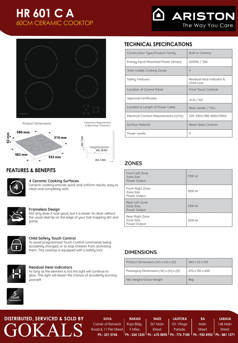 Ariston 4 burner ceramic cooktop (HR601CAAUS) Gokals Fiji