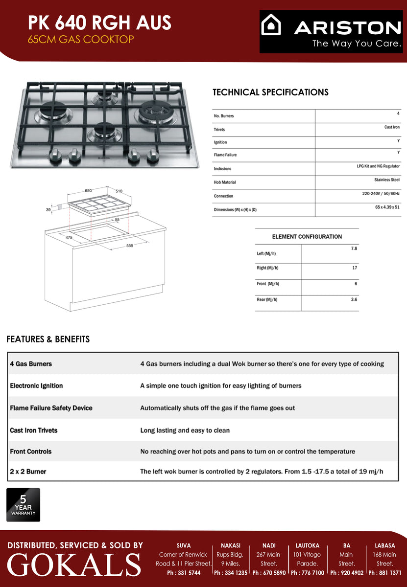 Ariston 60cm Cooktop ( PK 640 RGH) Gokals Fiji