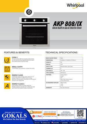 Whirlpool 60cm Built In Gas & Electric Oven (AKP808/IX)