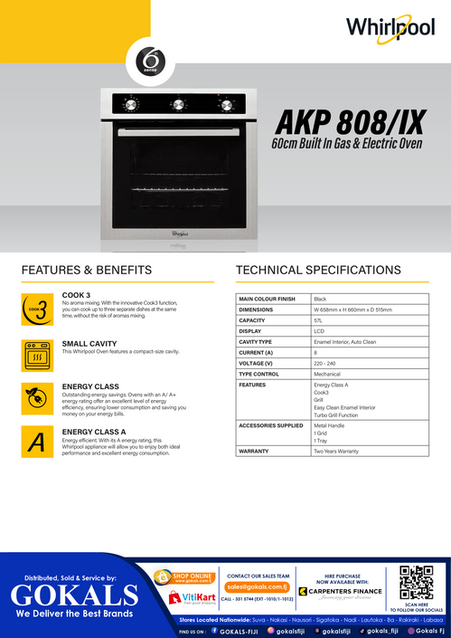 Whirlpool 60cm Built In Gas & Electric Oven (AKP808/IX)