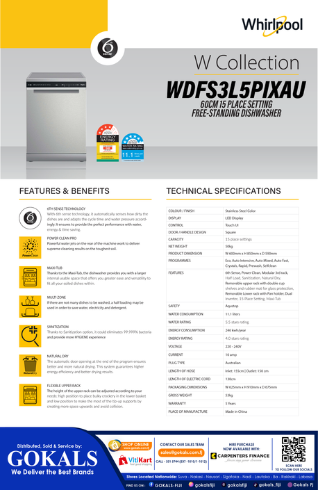 Whirlpool 60CM 15 PLACE SETTING FREE-STANDING DISHWASHER ( WDFS3L5PIXAU )