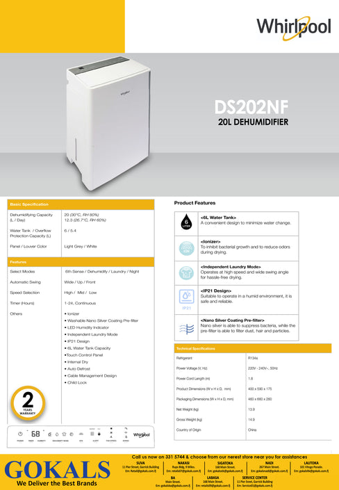 Whirlpool 20L Dehumidifier(DS202NFOC)
