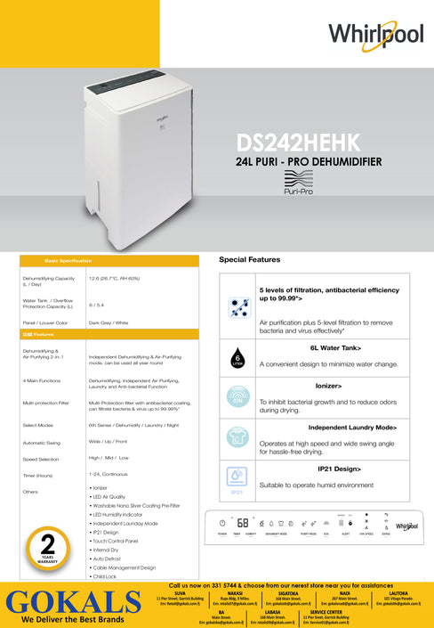Whirlpool 24L PURI PRO Dehumidifier(DS242HEOC)