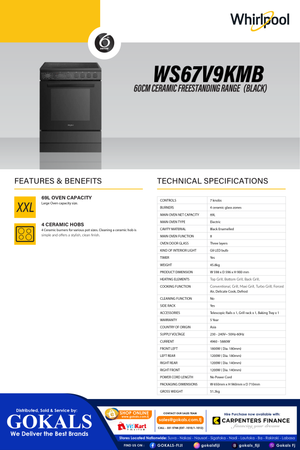 Whirlpool 60cm Electric Oven 69L - Free Standing Oven (WS67V9KMB)