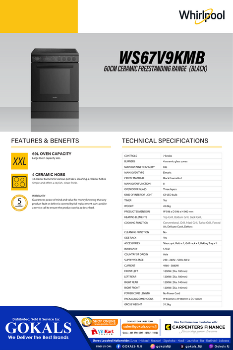 Whirlpool 60cm Electric Oven 69L - Free Standing Oven (WS67V9KMB)