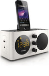 Picture shows a front view of a philips alarm clock radio with ipod dock